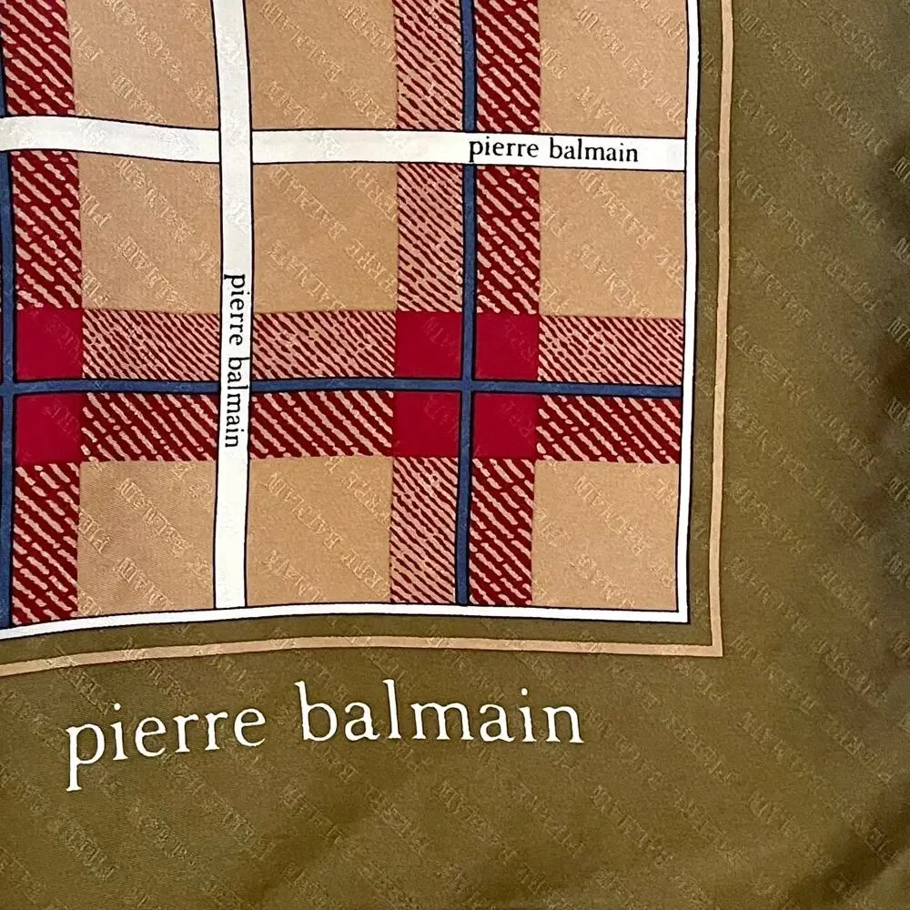 Vintage Pierre Balmain Jacquard Silk Tartan Plaid Print Square Scarf 31